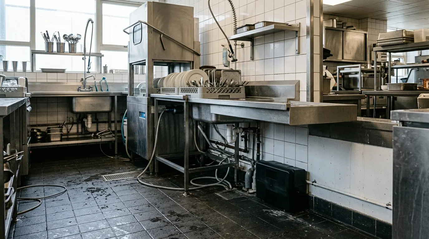Stainless steel commercial kitchen with a bait station monitor placed against the wall base near the dishwashing line