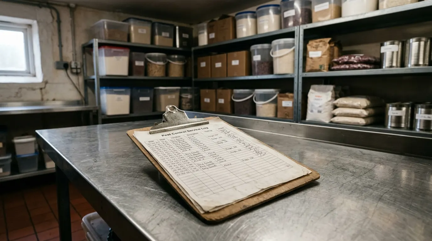 Clipboard with a printed pest service log resting on a stainless prep counter in a food storage room