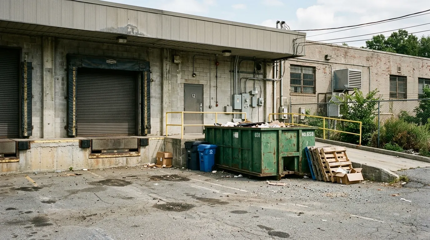 Loading dock and waste area behind a commercial building with a dumpster and a roll-up door, a common rodent entry area