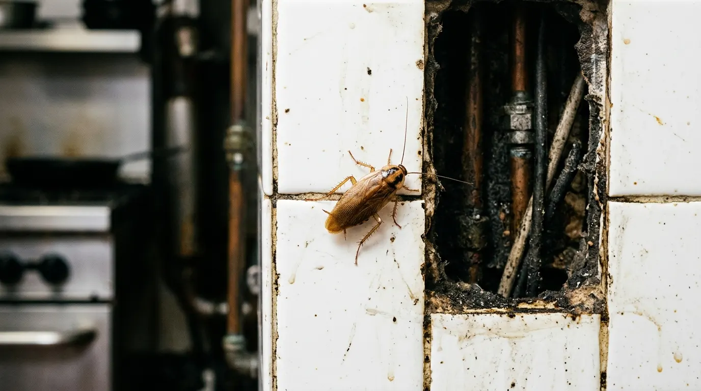 German cockroach on a tiled kitchen wall beside a service void behind commercial cooking equipment
