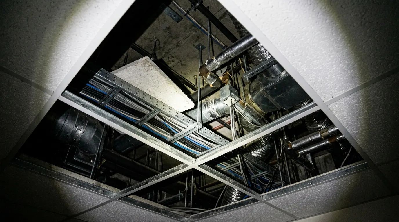 Ceiling void above a suspended tile grid in an office with exposed cable trays, an inspection point on commercial surveys