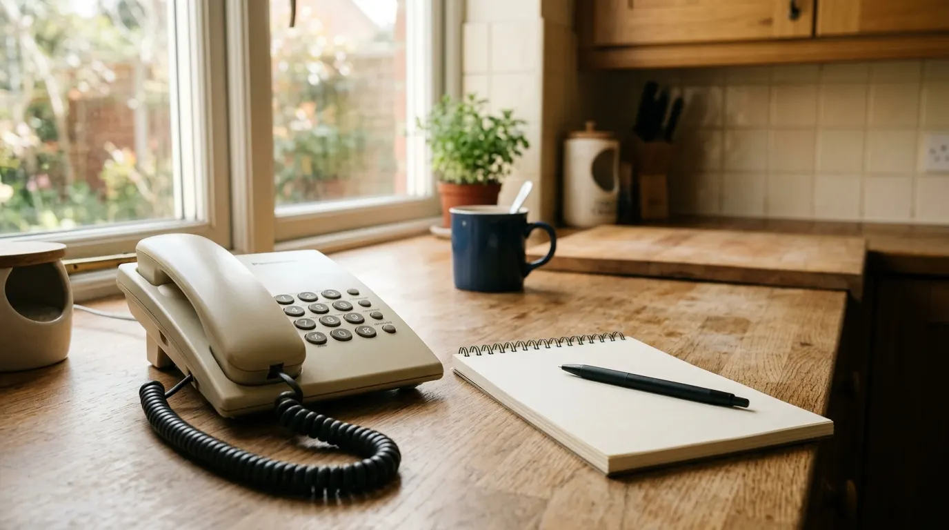 Landline desk phone and a notepad with a pen on a kitchen counter, ready for noting an appointment window
