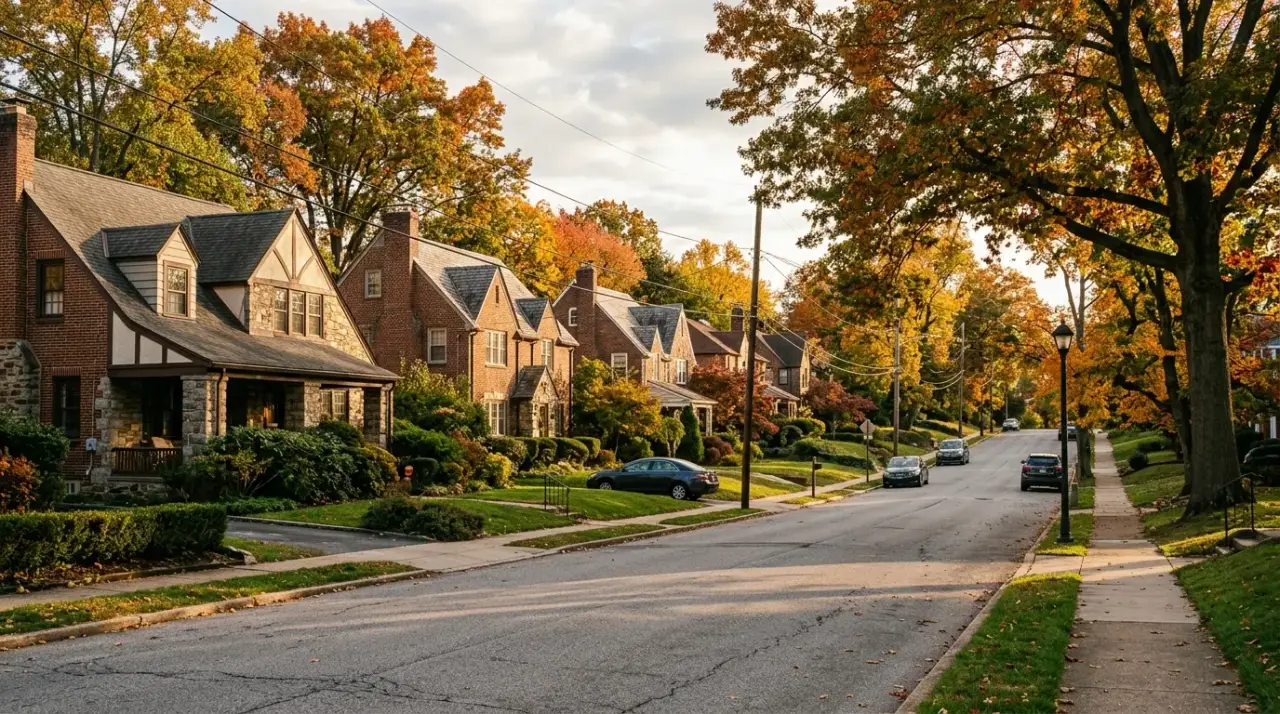 Suburban Pennsylvania street of brick and stone houses in late afternoon light