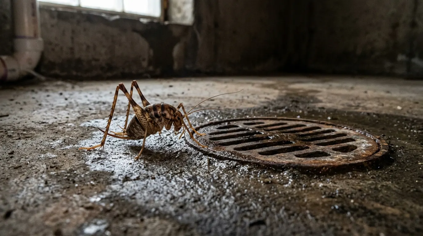A camel cricket on a damp concrete basement floor beside a floor drain