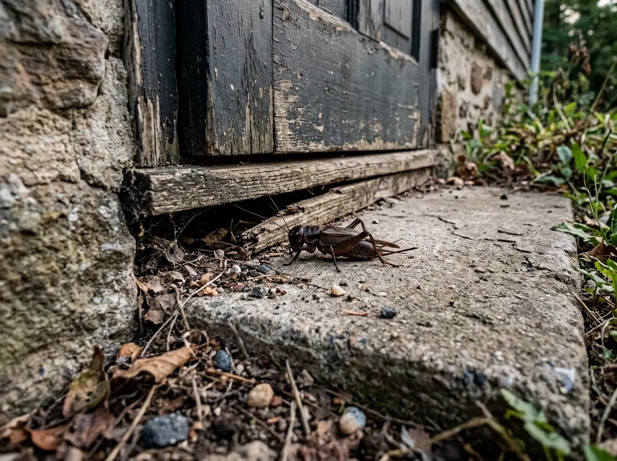 A field cricket at the threshold gap under an exterior basement door