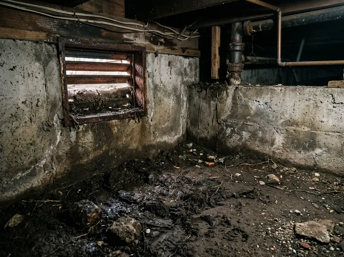 A damp crawlspace corner with exposed soil and a foundation vent