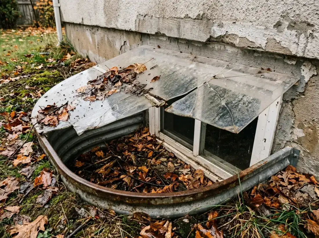 A window well with leaf litter and a cracked cover