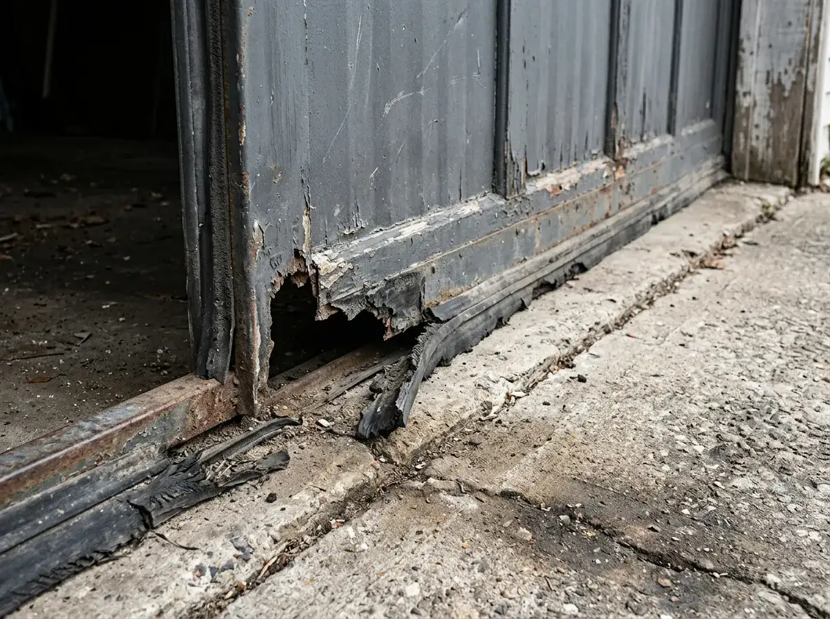 A garage door bottom seal showing a worn gap at one corner