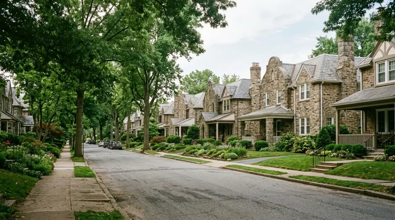 Stone twin homes on a tree-lined suburban Philadelphia street
