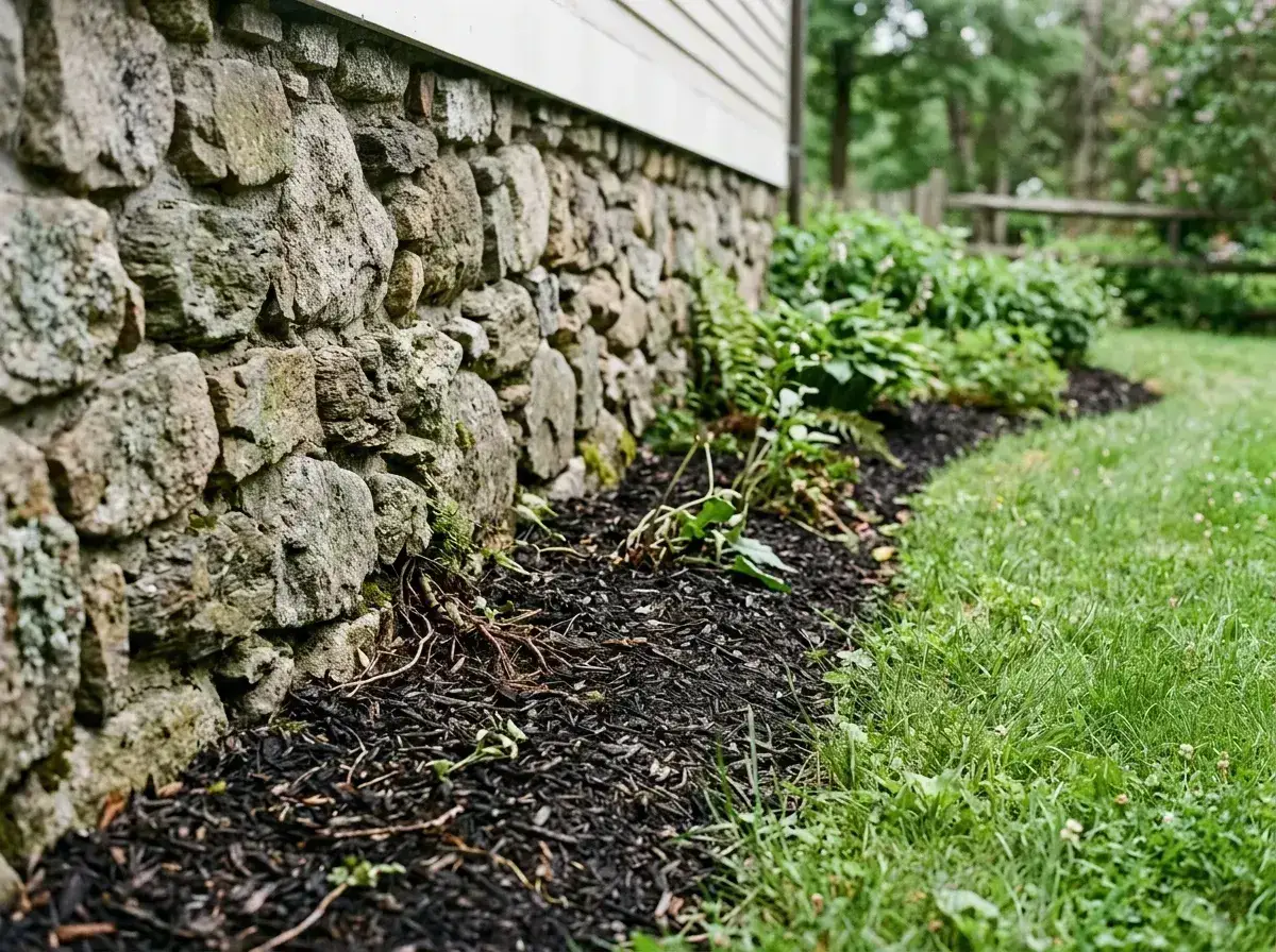 Fieldstone foundation wall meeting a mulch bed