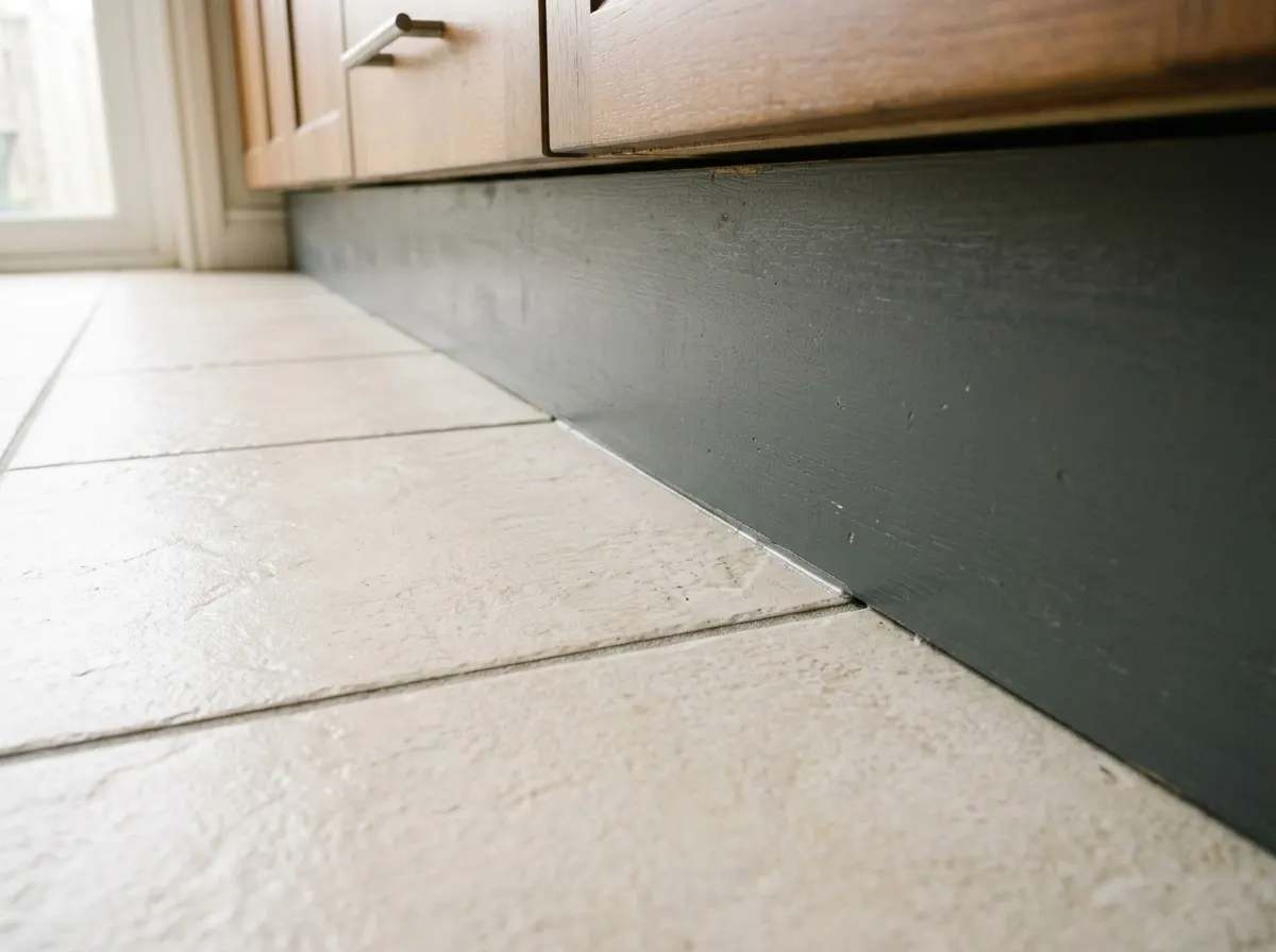 Kitchen cabinet kick plate at a tiled floor