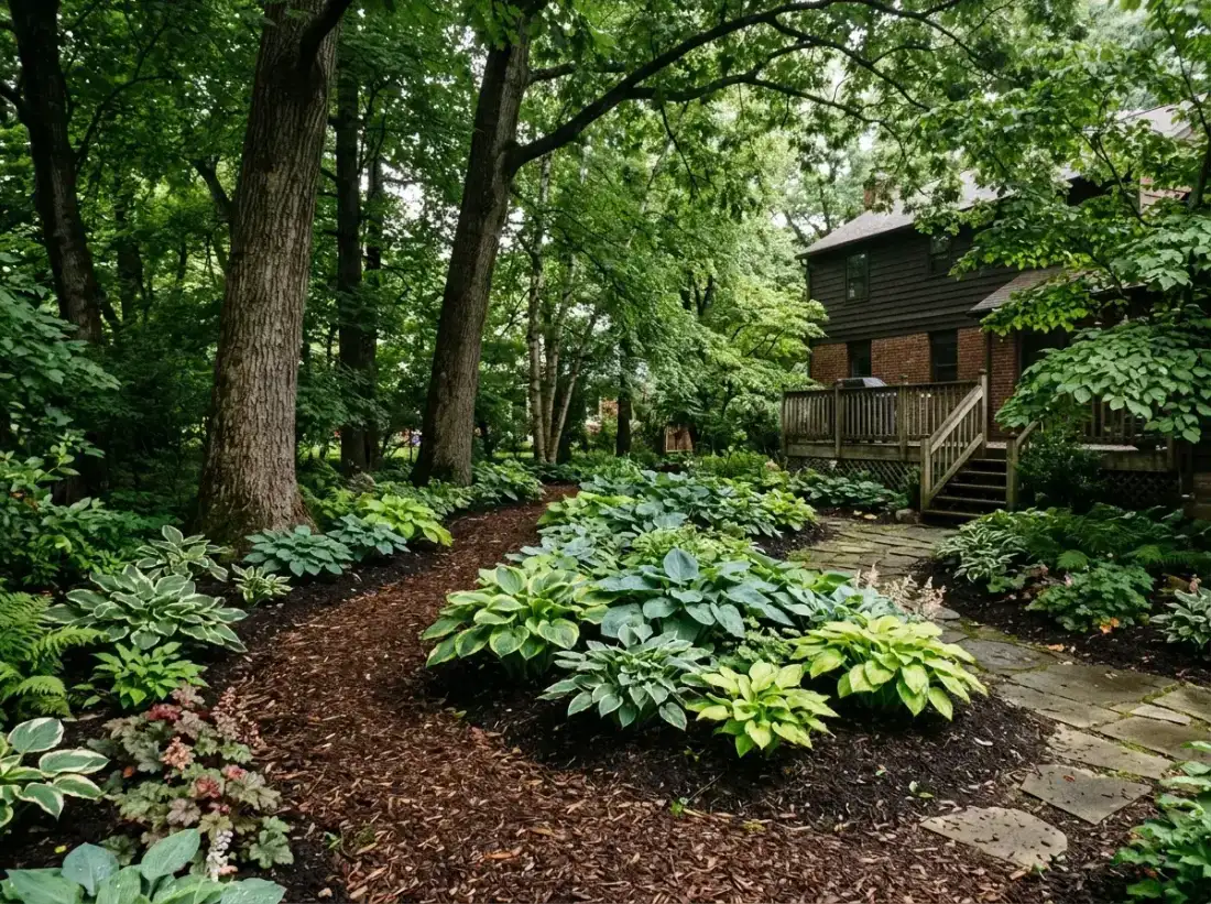 Shaded suburban backyard with mulch beds