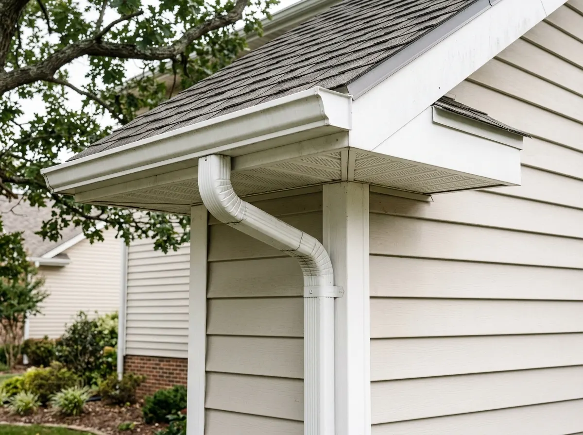Gutter, downspout and soffit return at a roofline