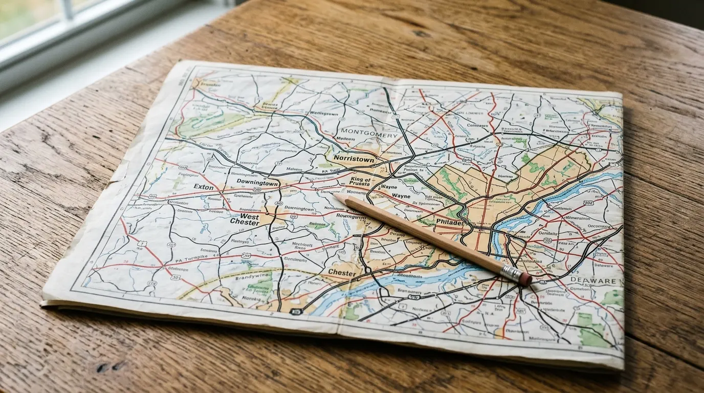 Folded paper road map of southeastern Pennsylvania with a pencil resting across the Philadelphia suburbs