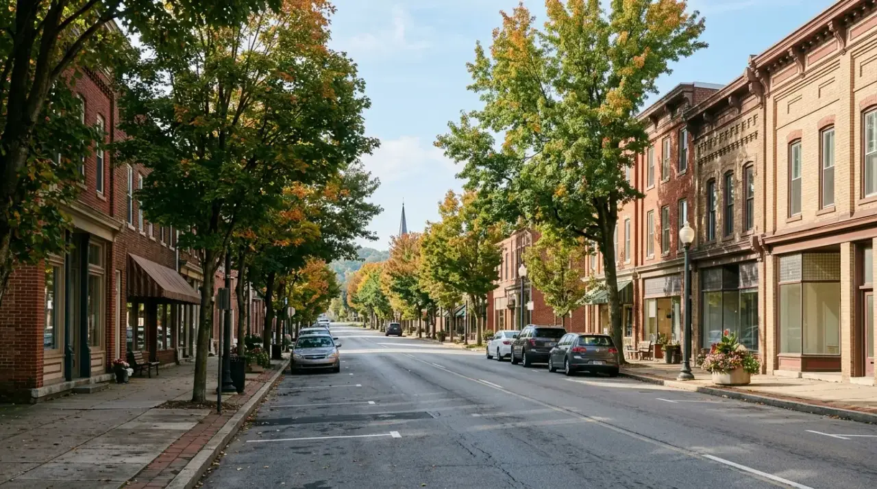 Tree-lined main street of a Pennsylvania borough with brick storefronts on a clear morning