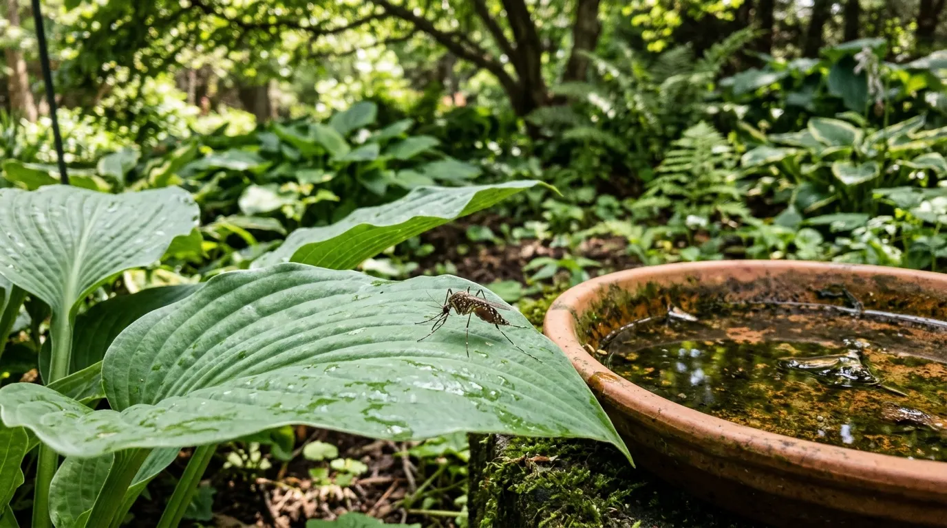 A mosquito resting on a broad green hosta leaf beside a water-filled plant saucer in a shaded backyard