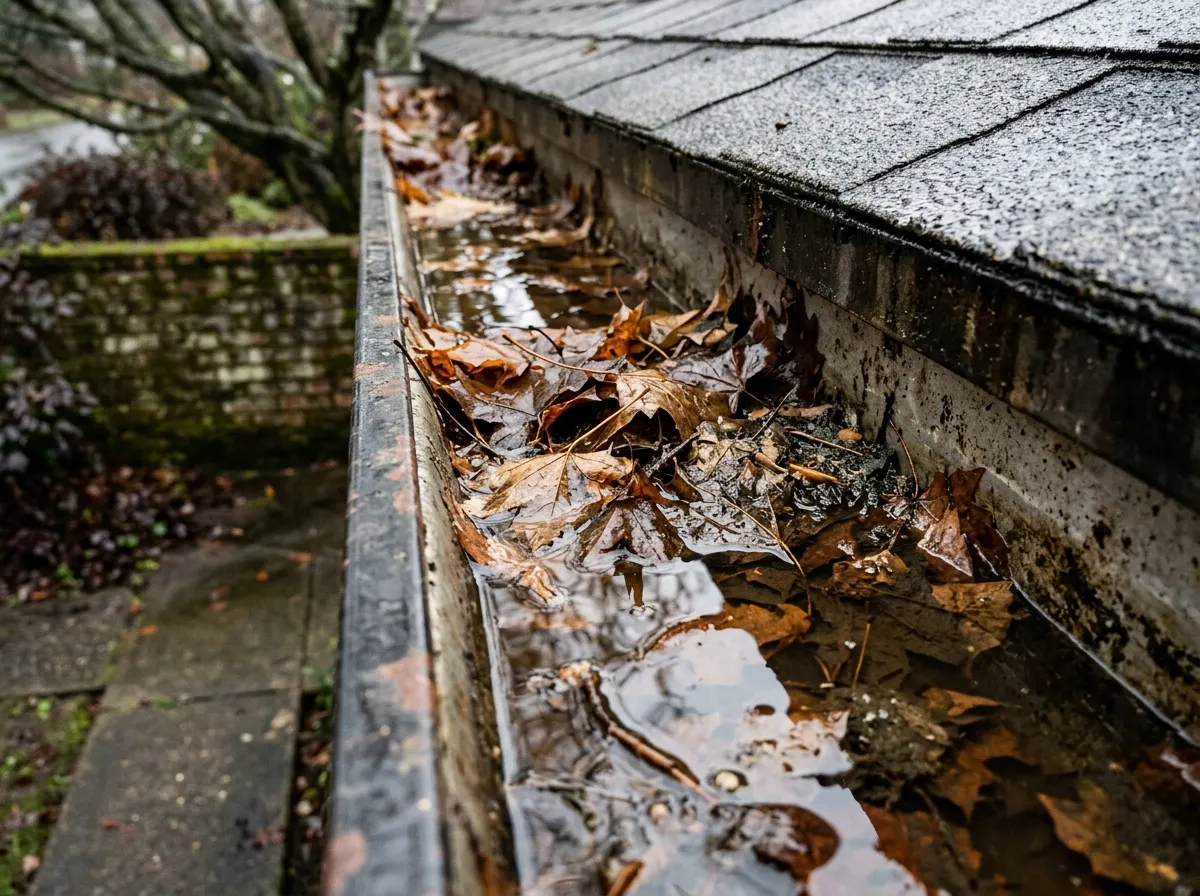 Standing water in a clogged gutter full of wet maple leaves