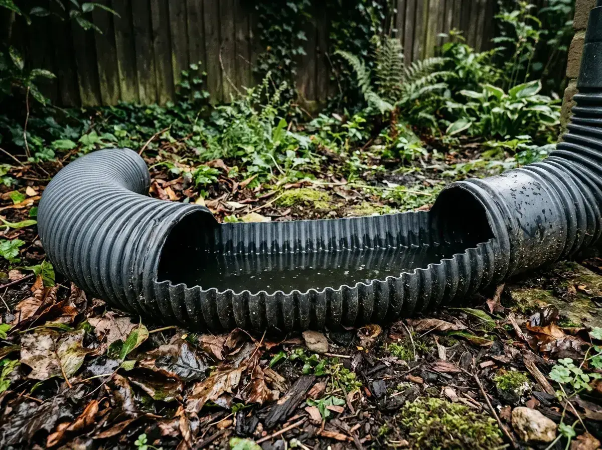 A corrugated downspout extension holding water in a shaded side yard