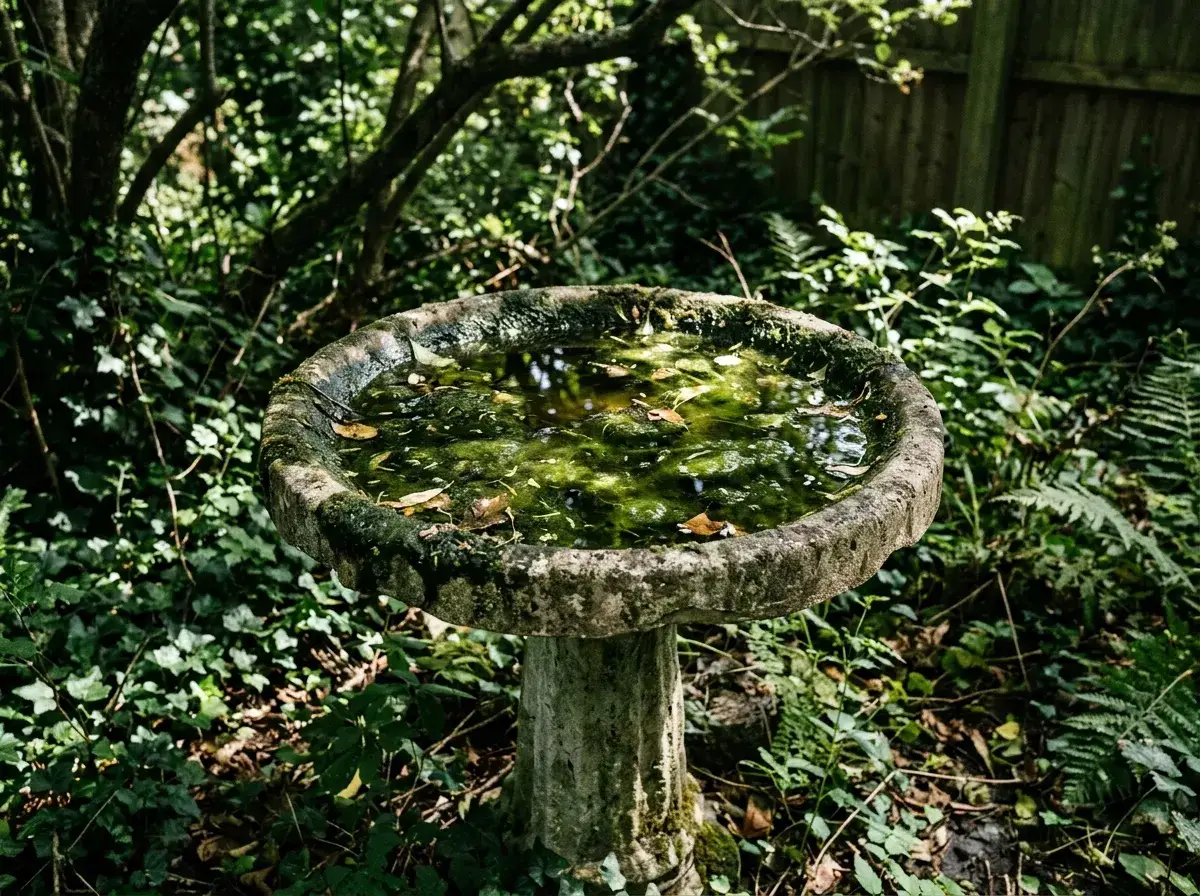 A birdbath with stagnant water and algae in dappled shade