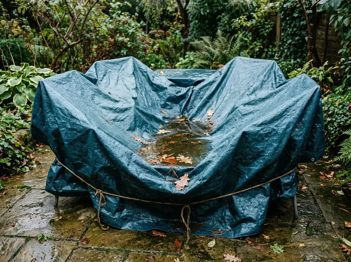 A tarpaulin over garden furniture with rainwater pooled in its folds