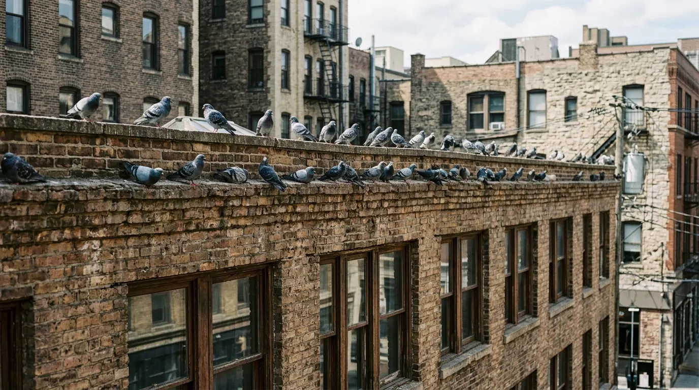 Pigeons perched along the parapet ledge of a brick commercial building
