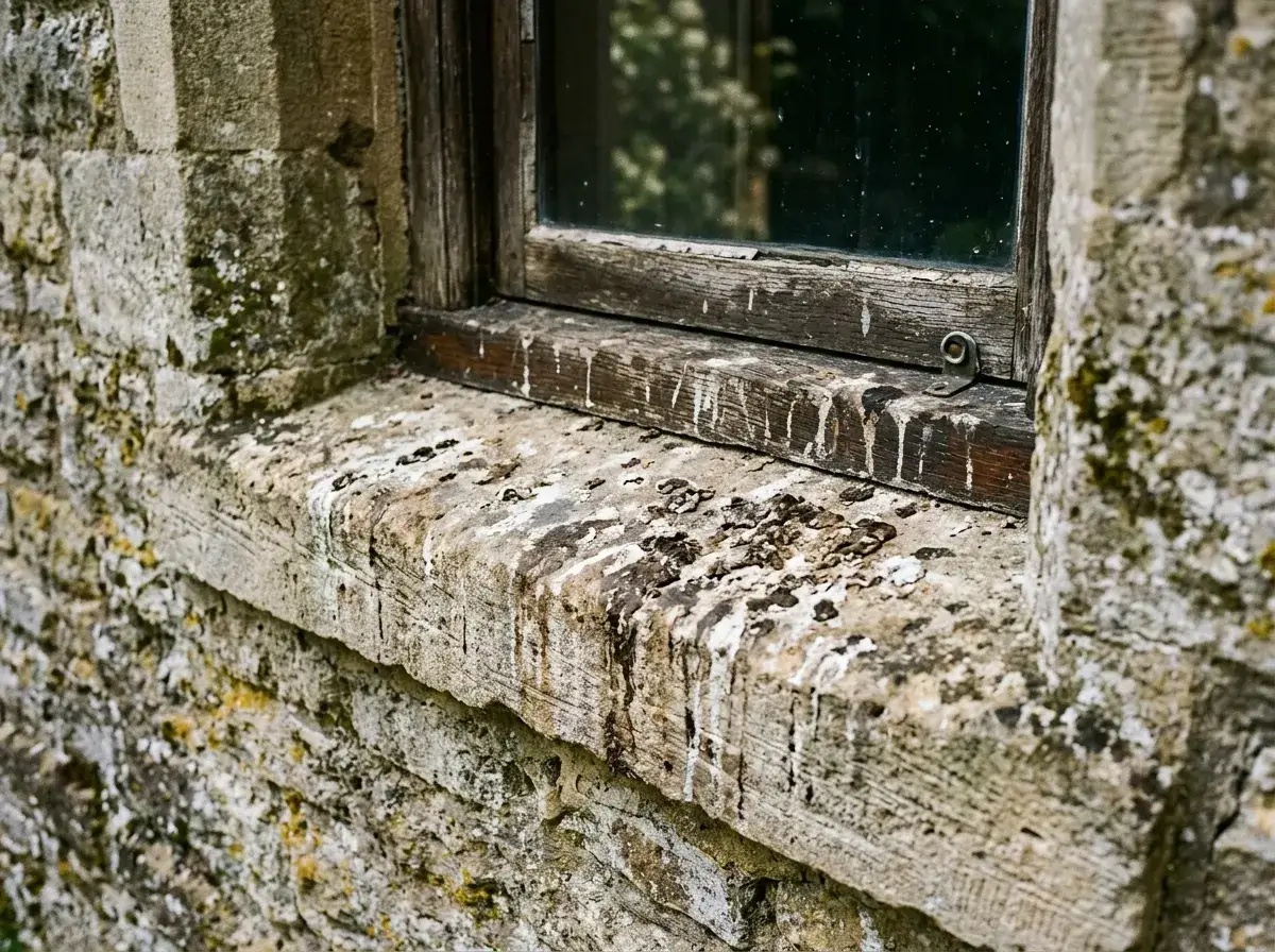 Droppings staining a limestone window ledge below a perching spot