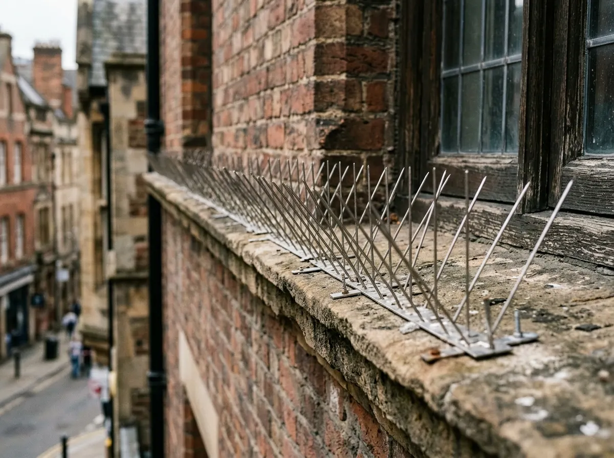 Stainless bird spikes installed along a narrow architectural ledge