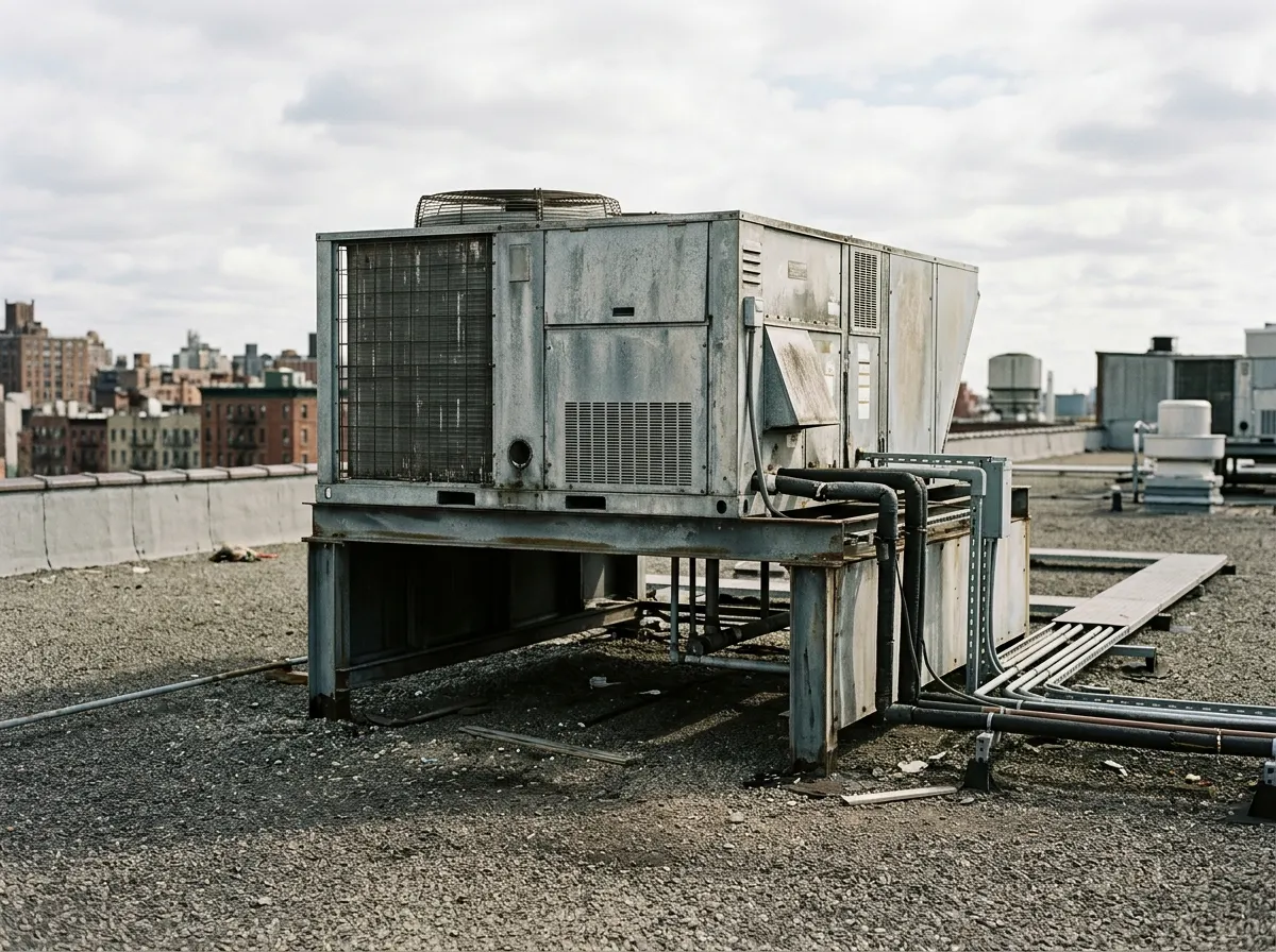 A rooftop HVAC unit with a sheltered gap beneath it