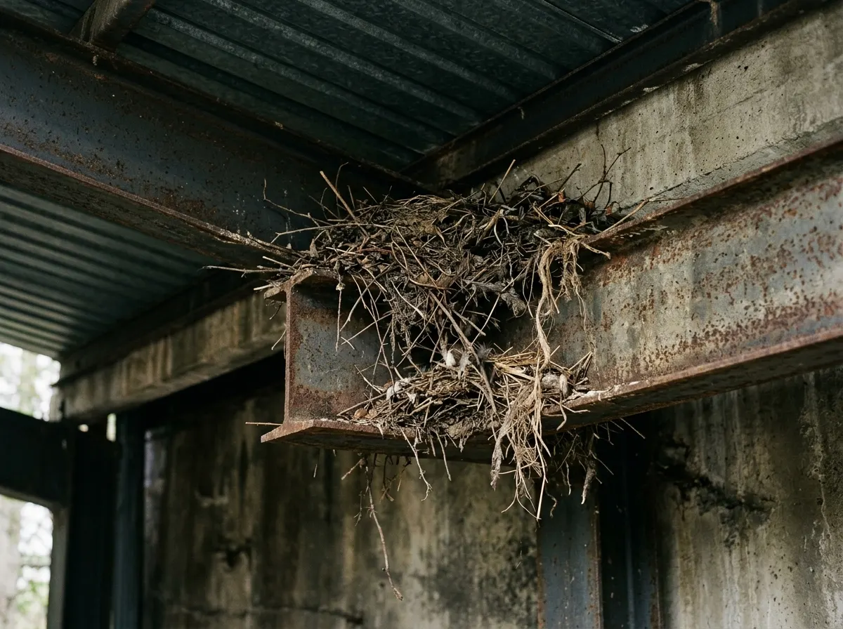 Nesting debris packed into the corner of a covered loading bay beam