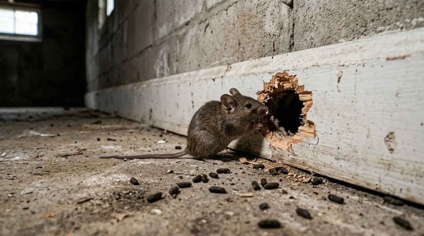 A single house mouse beside a gnawed opening in a painted basement baseboard, droppings on the concrete floor