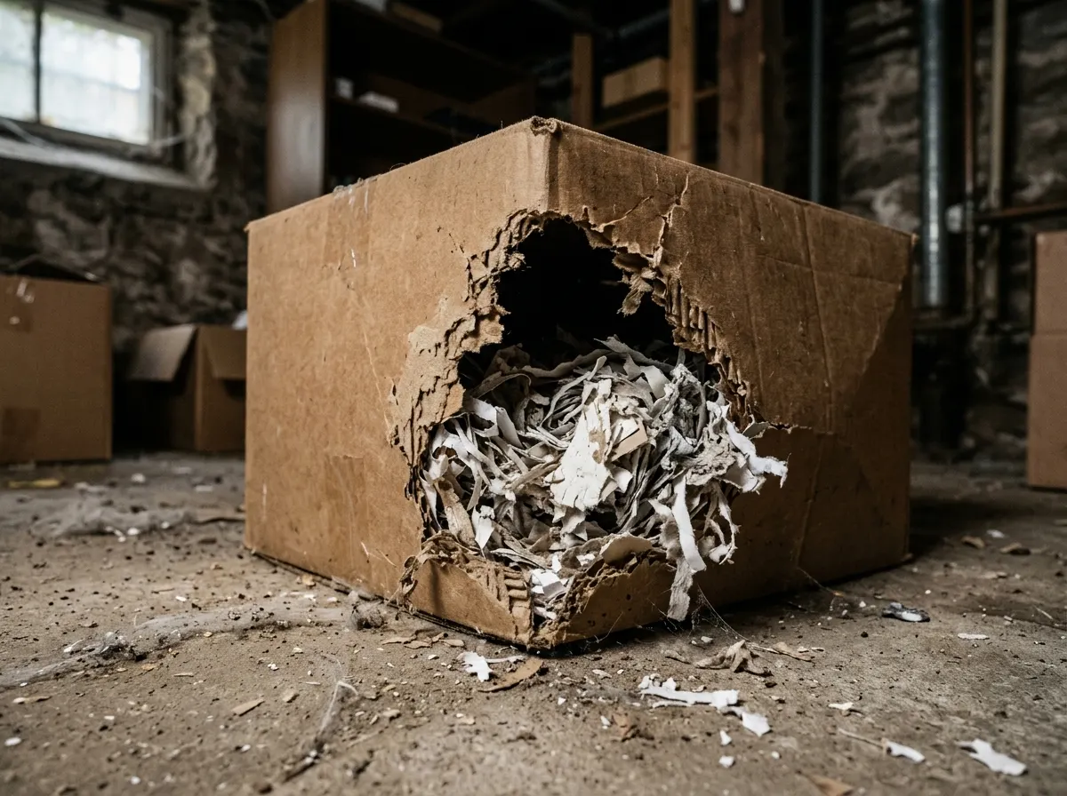 A gnawed corner of a cardboard storage box in a basement with shredded paper nesting material pulled into the gap