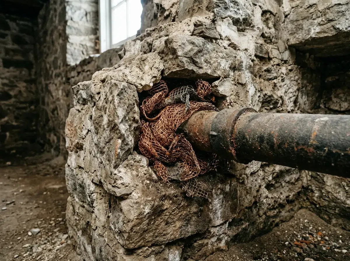 A gap where a utility pipe passes through a stone foundation wall, packed with copper mesh
