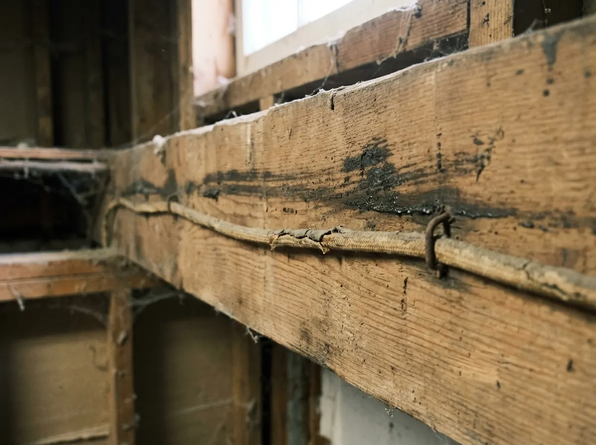Rub marks and greasy trails along the top of a basement joist beside an old wire run