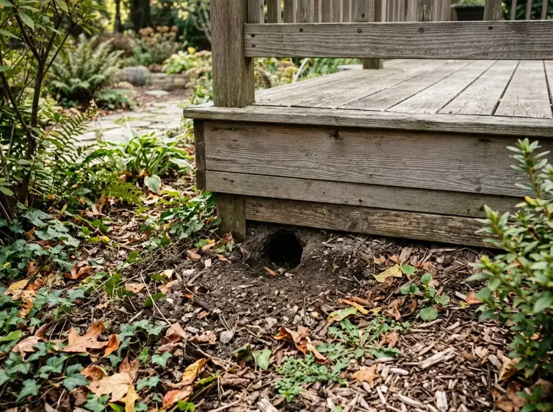 A rodent burrow entrance under a wooden deck skirt in a mature suburban yard