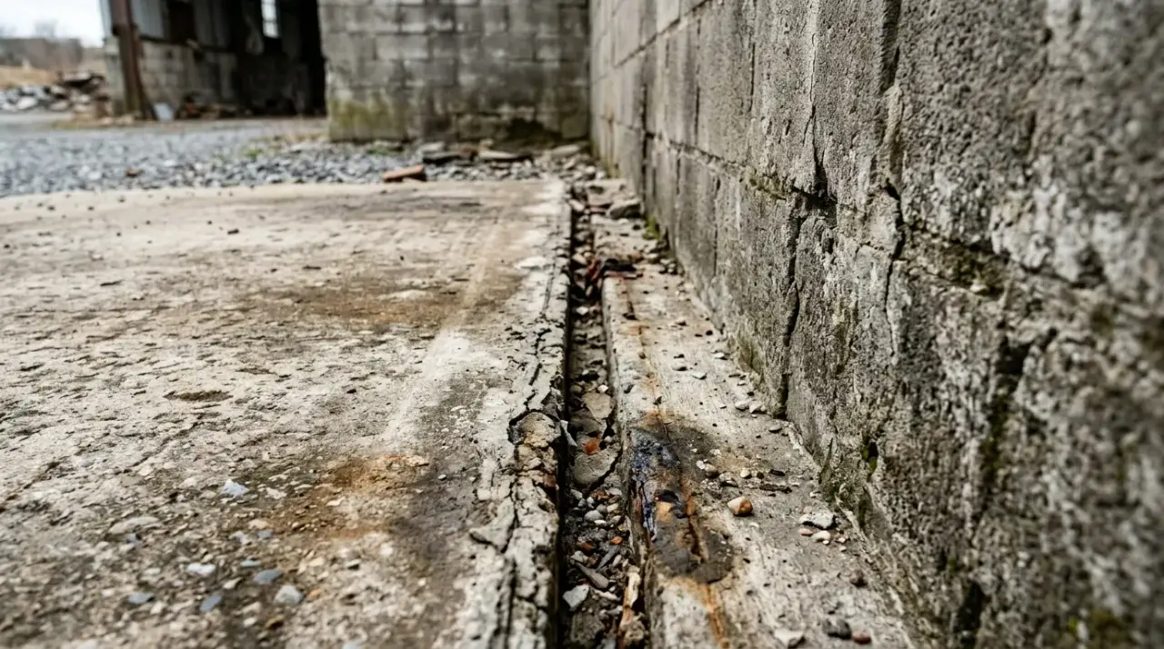 A weathered expansion joint gap where a concrete slab meets a block wall