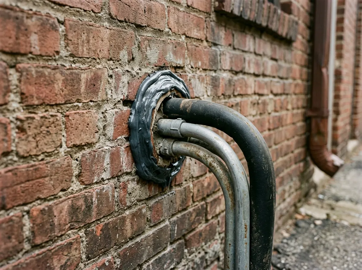 A sealed utility penetration in an exterior wall with fresh sealant