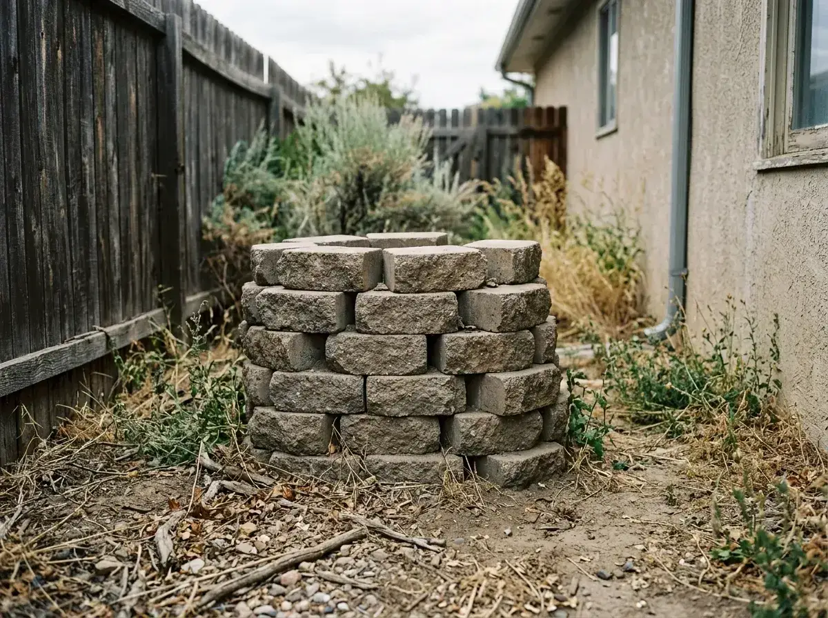 A stack of stone landscaping blocks in a dry side yard