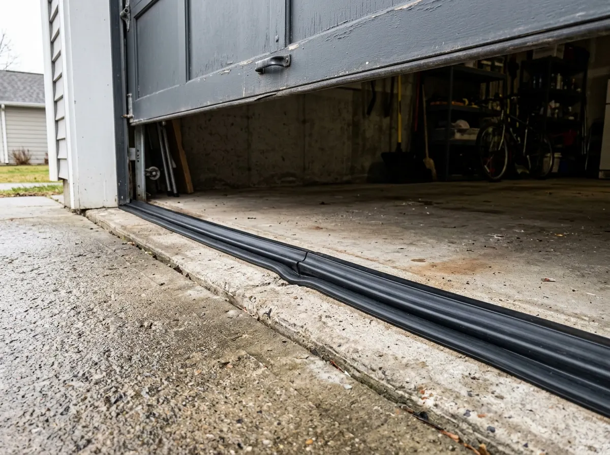 A garage threshold with a new rubber seal installed