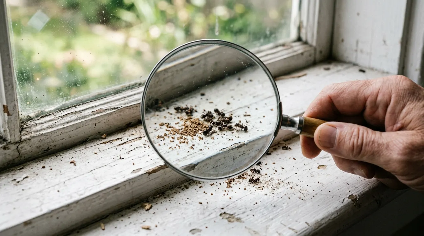 Magnifying glass held over a windowsill with dead ants and frass, the identification step that comes before any treatment