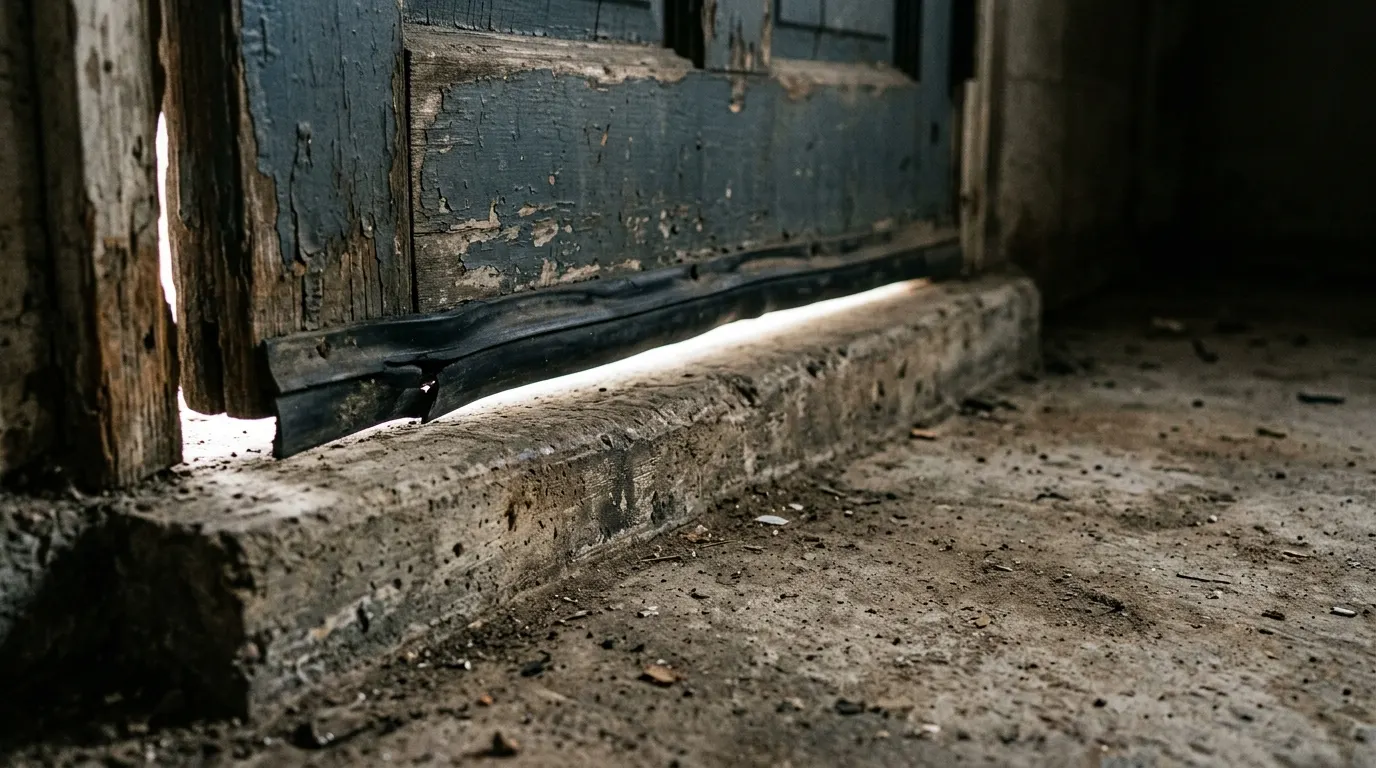 Gap under an exterior door with daylight showing through, a common entry point for rodents and insects