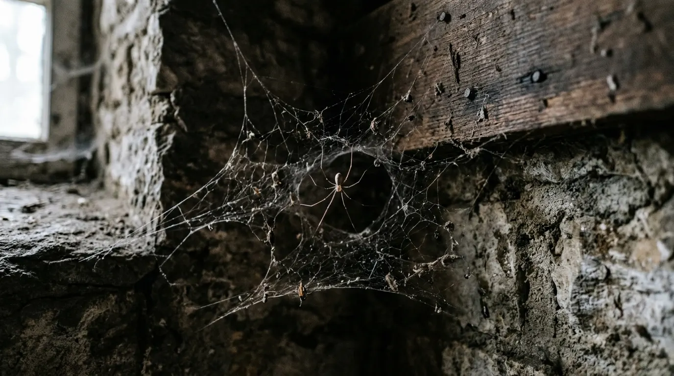 A cellar spider in a dusty web spanning the corner of a stone basement wall and a joist
