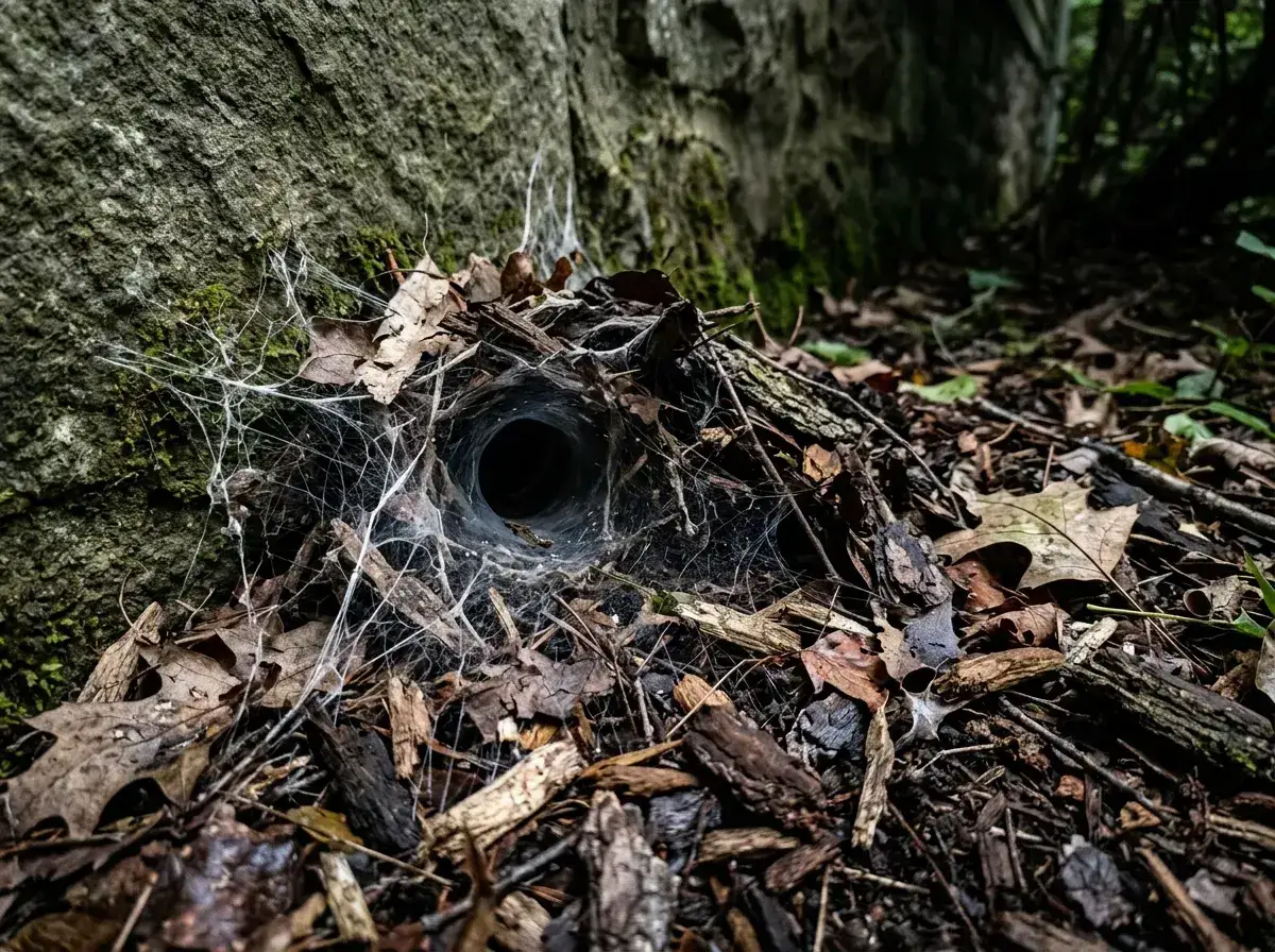 A funnel web low in the mulch along a shaded foundation wall