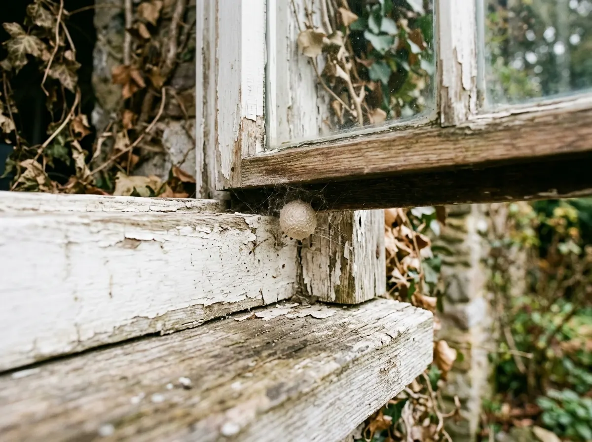 An egg sac tucked under the lip of an exterior window frame