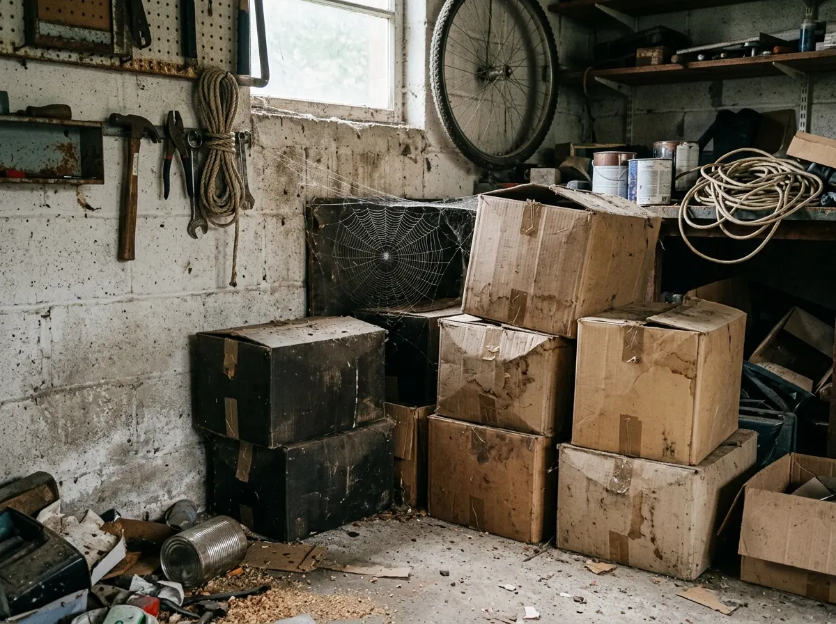 A cluttered garage corner with boxes and a web across the gap behind them