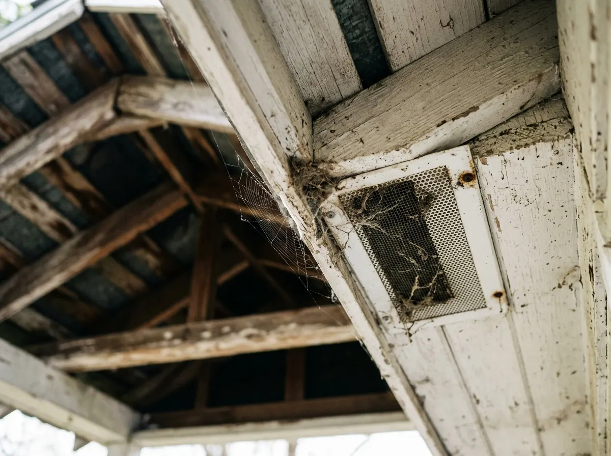 A soffit vent with webbing at its edge under a porch roof
