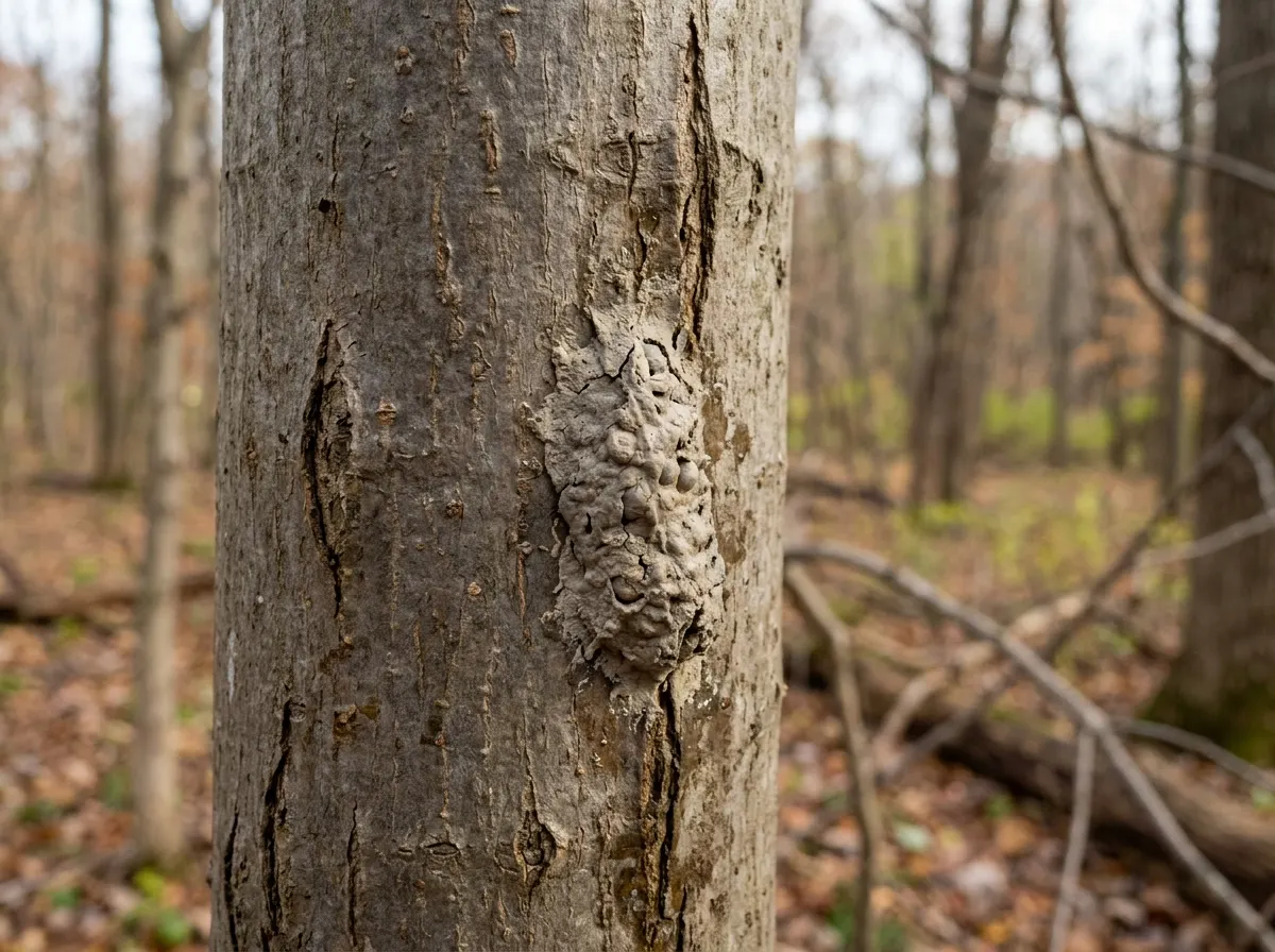 A grey mud-like spotted lanternfly egg mass on the smooth bark of a maple
