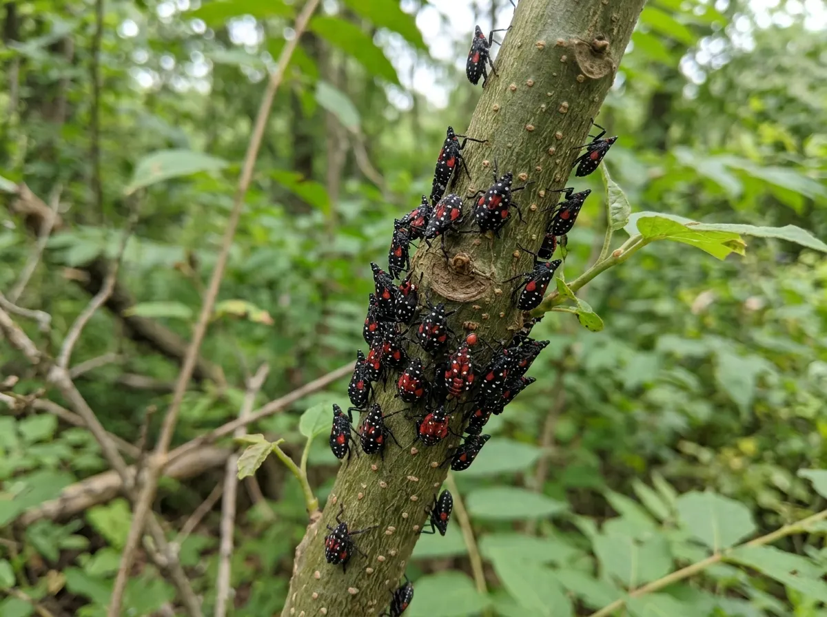 Spotted lanternfly nymphs clustered on a young sapling stem