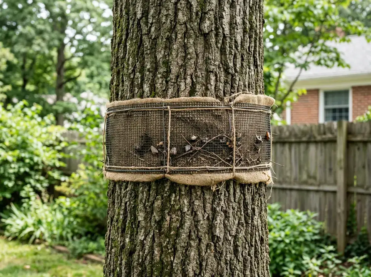 A circle trap band fitted around a tree trunk in a suburban yard