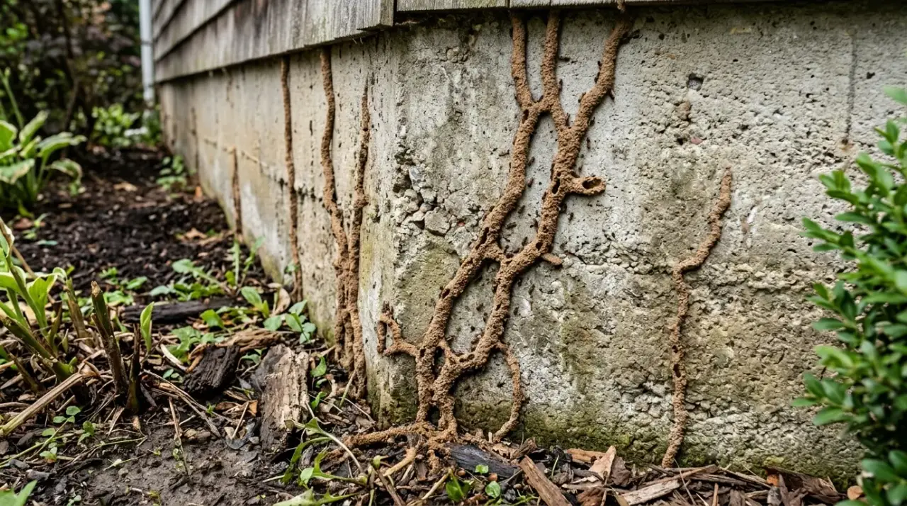 Eastern subterranean termite mud tubes running up a poured concrete foundation wall