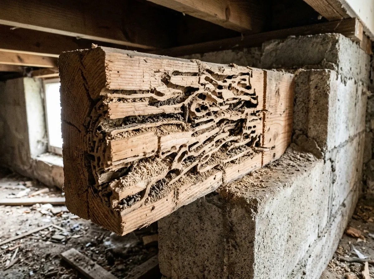 A wooden sill plate cut open to reveal hollowed galleries following the wood grain
